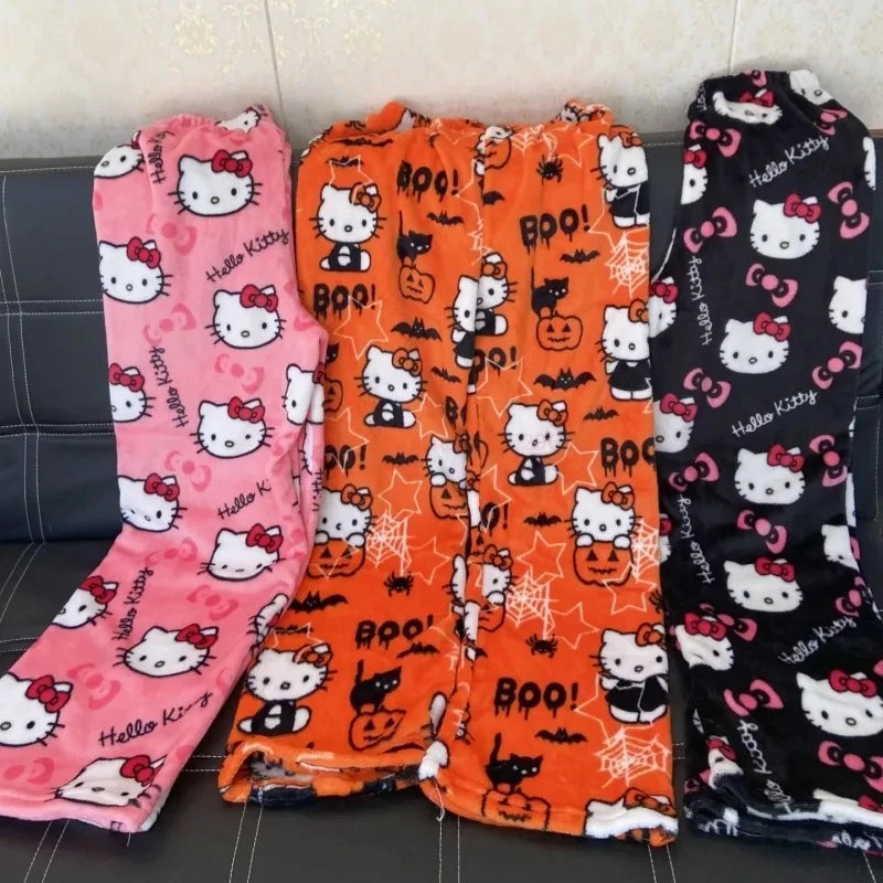 Women Kitty Pajamas Kawaii Woolen Anime Cartoon Autumn Home Pants