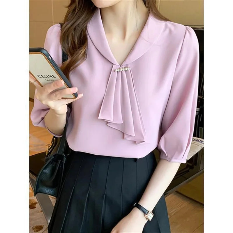 Women's Short Sleeve Bow Tie Chiffon Office Blouses