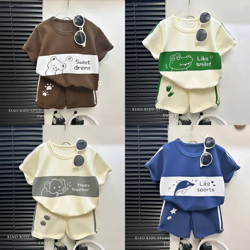 Short Sleeve Striped Boys Set Summer Tops +short Baby Clothes