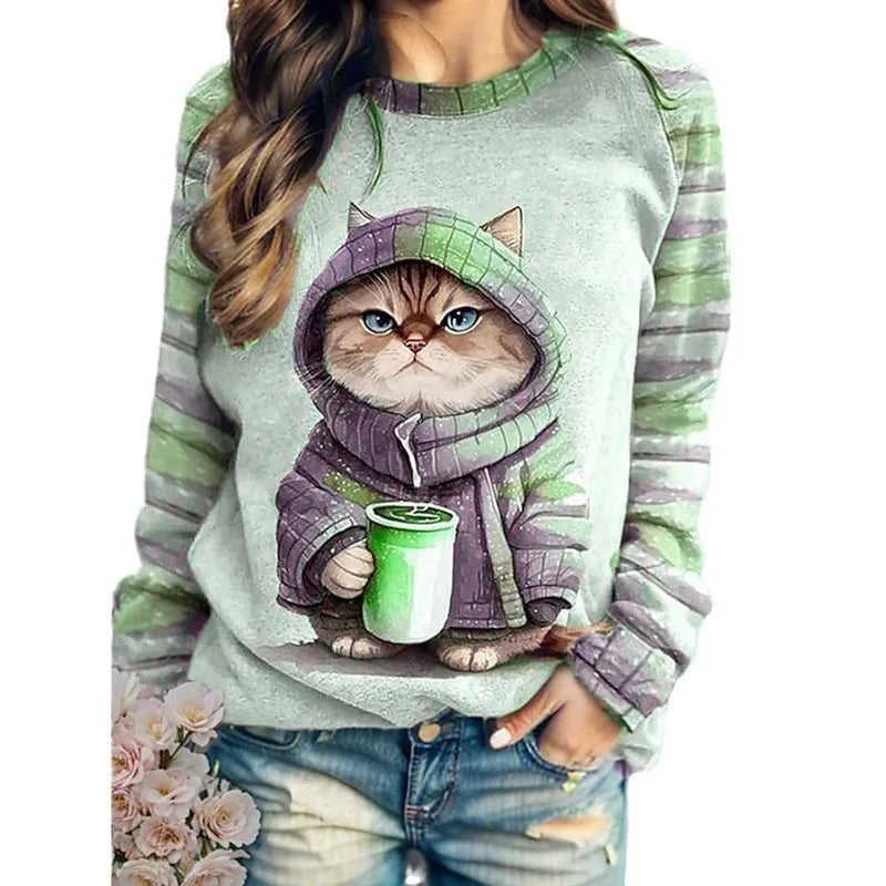 Funny Cat Print Cotton T-Shirts Cute Long Sleeve Sweatshirts