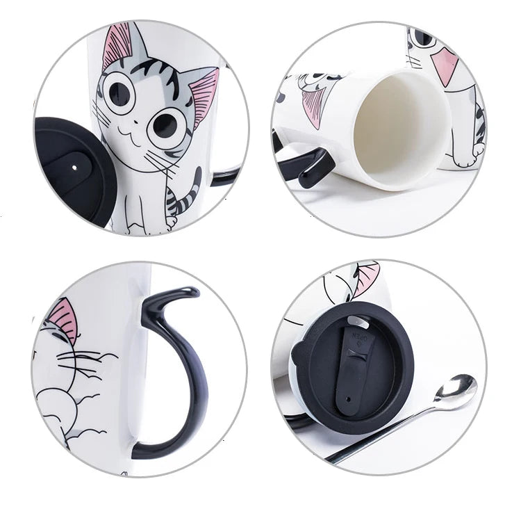 Tasse en céramique créative pour chat de 600 ml avec couvercle et cuillère