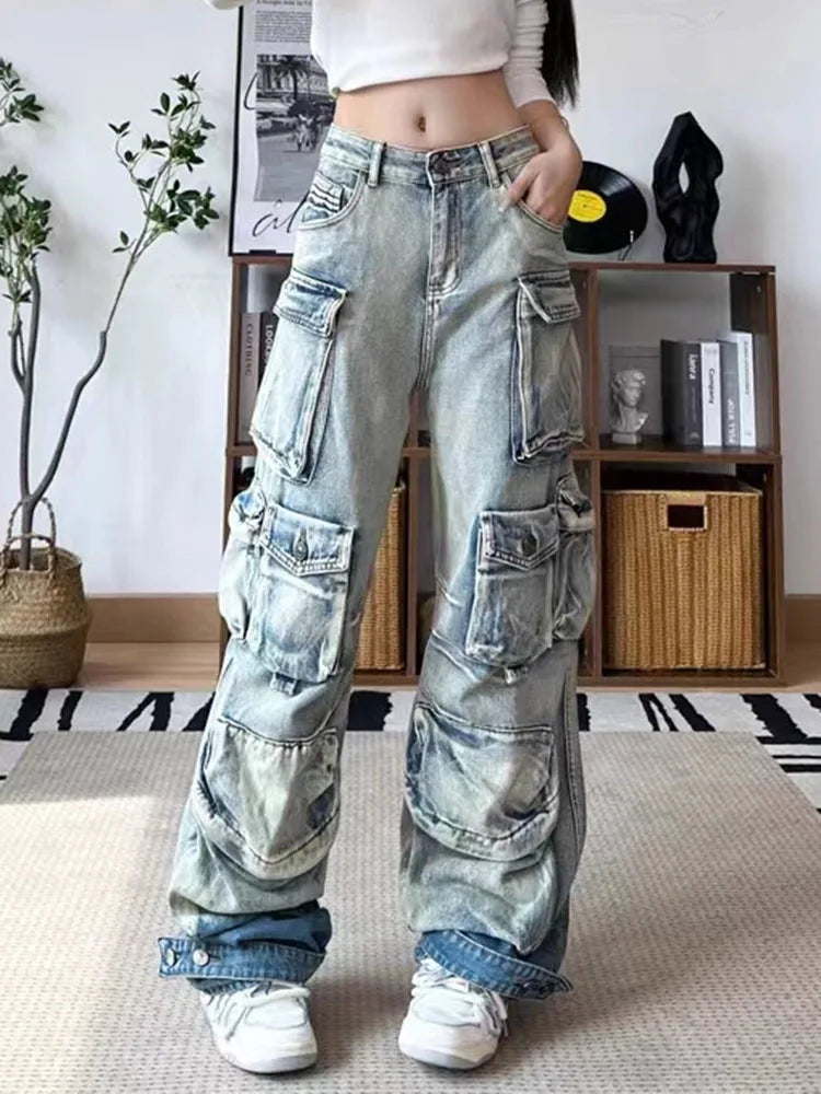 DEAT High-Waist Gradient Cargo Jeans for Women