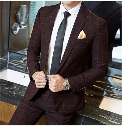 Men's Casual One-Button Plaid Two-Piece Set