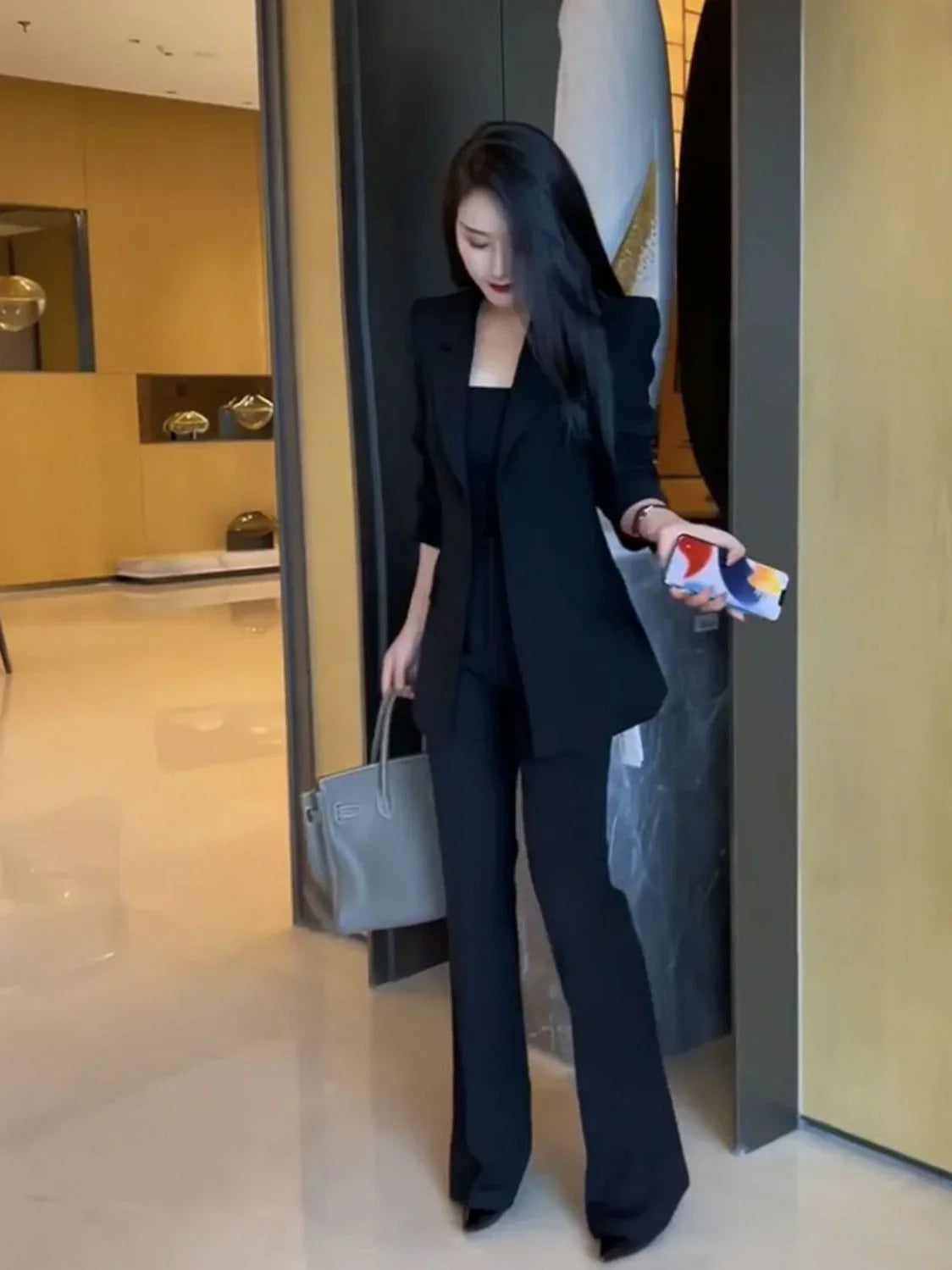 Women's Black Blazer and Wide Leg Pants Suit for Autumn Winter