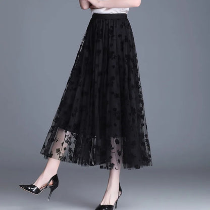 Korean Mesh Midi Skirt with Flowers