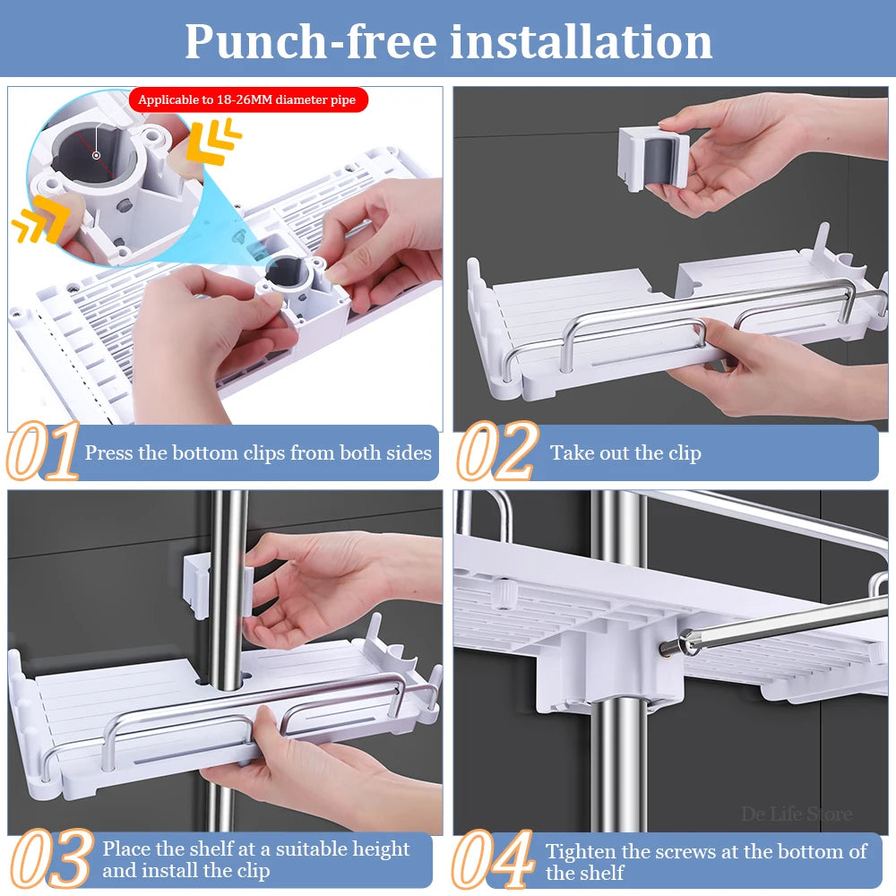 Extendable Shower Shelf - No Drilling, Shampoo Tray & Storage