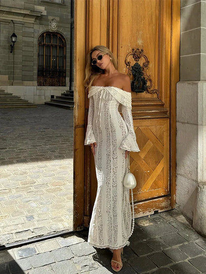 White Off Shoulder Lace Up Flare Long Sleeve Slim Maxi Dress