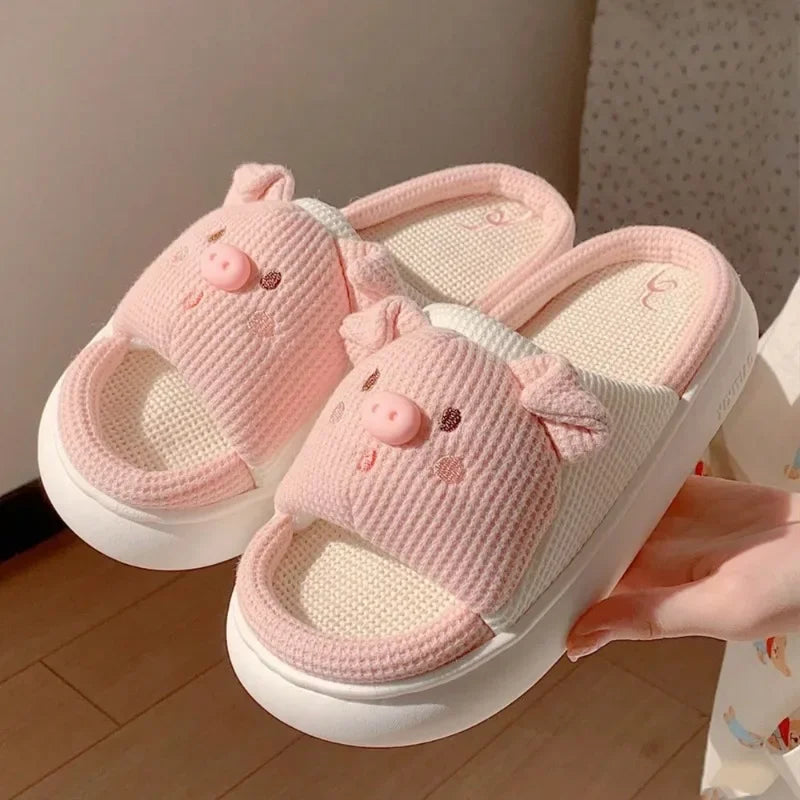 New Pink Piggy Pattern Linen Slippers