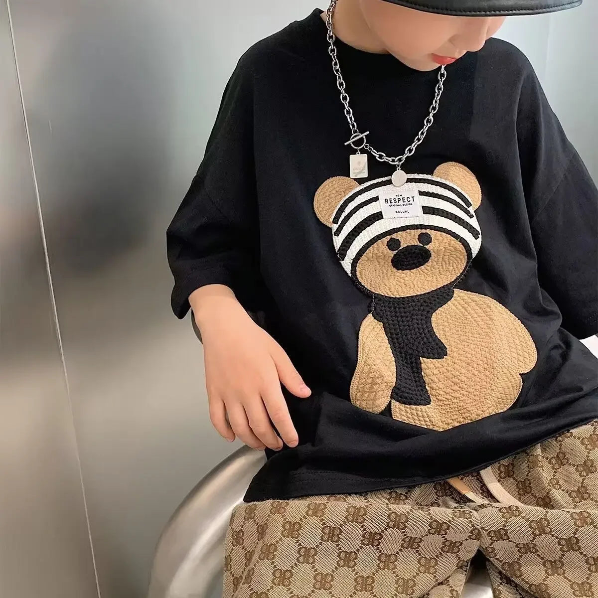 Baby Boy Cotton Embroidered Top with Brown Drawstring Pants