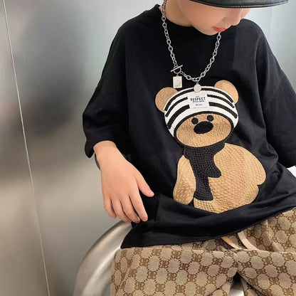 Baby Boy Cotton Embroidered Top with Brown Drawstring Pants