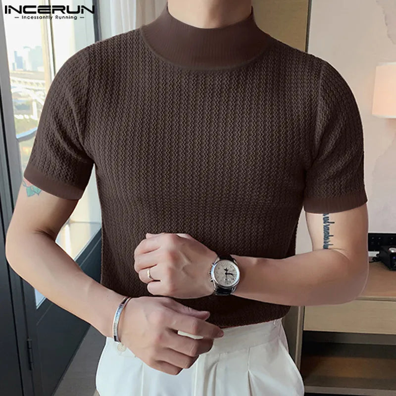 Men Knitting Half High Collar Short Sleeve T-shirts