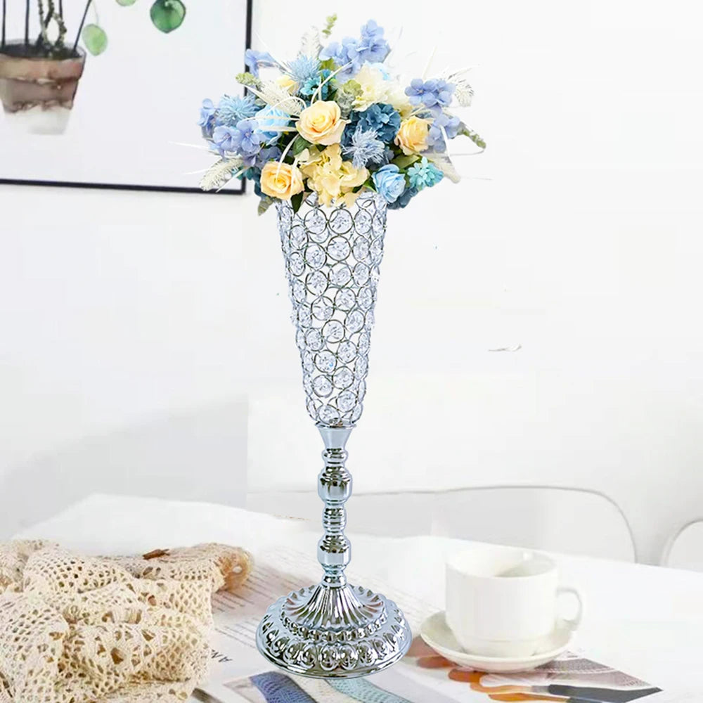 Lustre argenté cristaux support de fleur en métal Vase de mariage