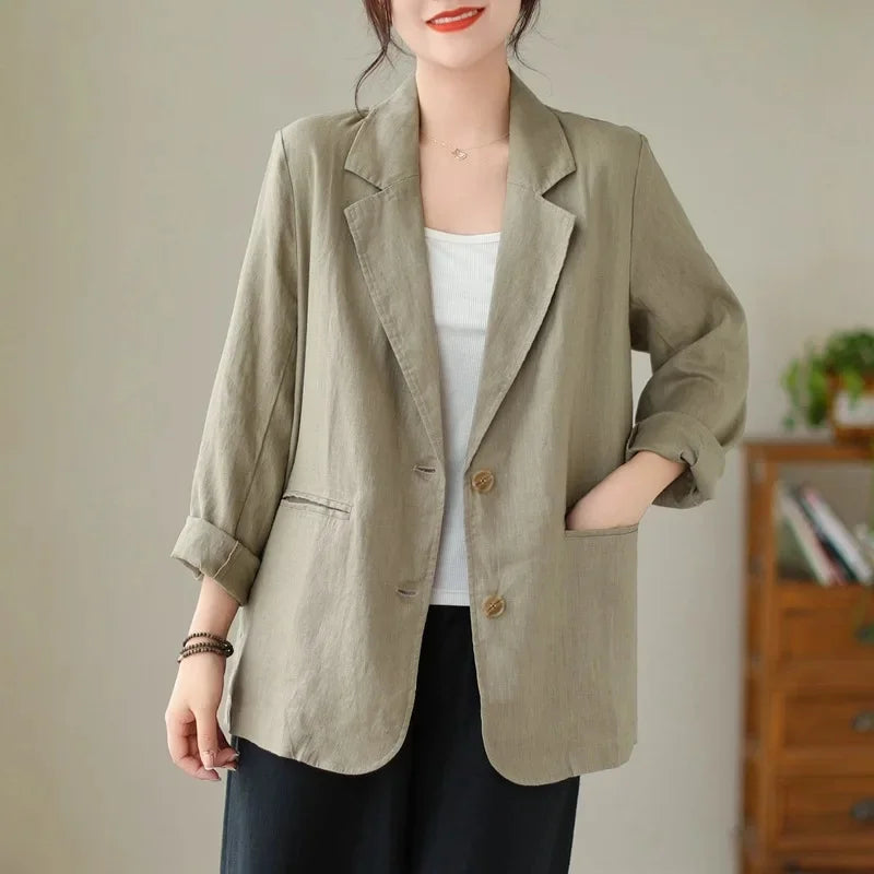 Blazer d'été à manches longues en coton et lin d'inspiration vintage avec col à revers