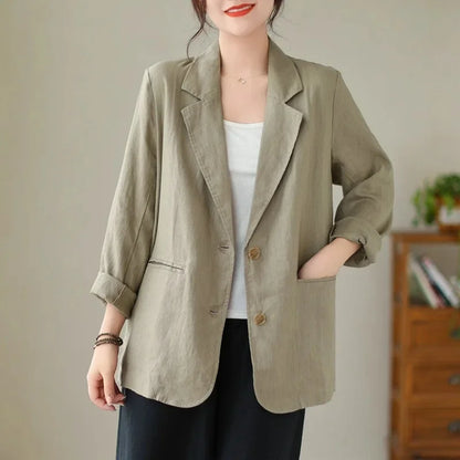 Blazer d'été à manches longues en coton et lin d'inspiration vintage avec col à revers