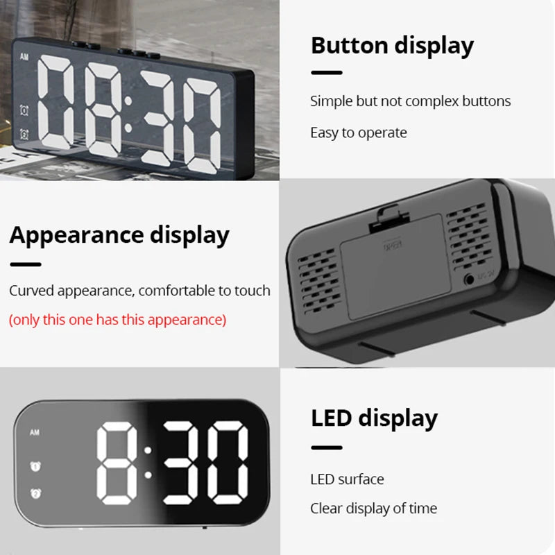 LED Mirror Table Clock with Digital Alarm & Snooze