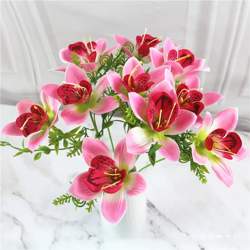 10Pcs White Silk Artificial Orchid Bouquet for Home and Wedding