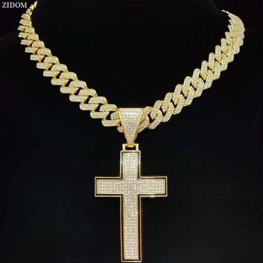 Collier pendentif croix brillante pour hommes et femmes avec chaîne cubaine