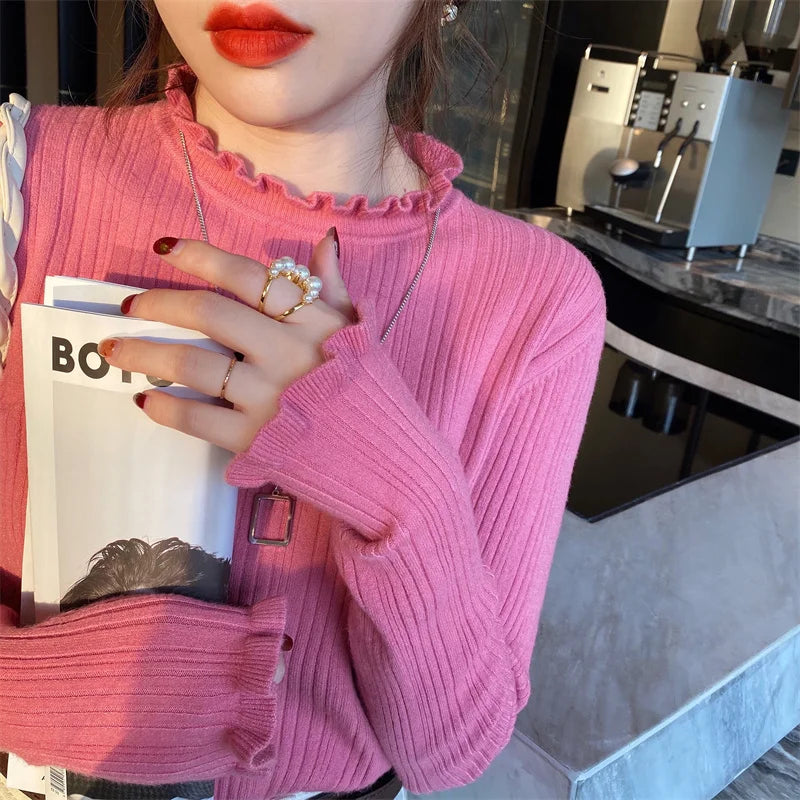 Long Sleeve Slim Elastic Knitted Women's Mock Neck Sweater