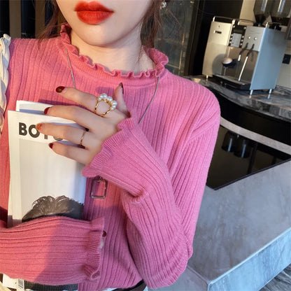 Long Sleeve Slim Elastic Knitted Women's Mock Neck Sweater