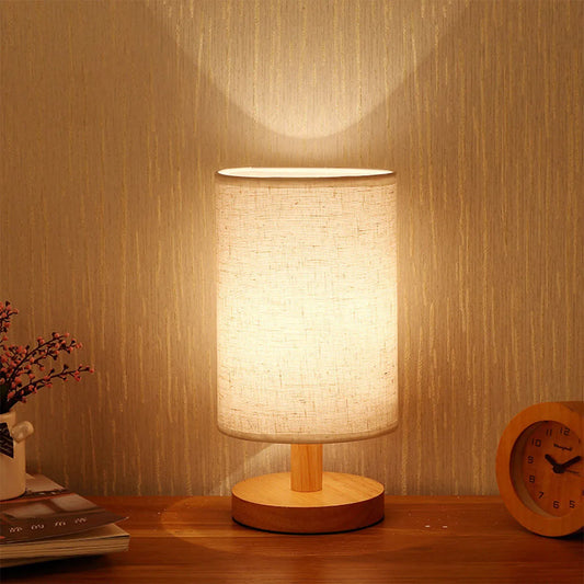 USB Wooden Bedside Lamp - Cylinder Shade