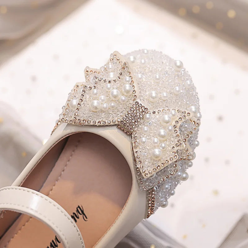 Chaussures de princesse à strass et nœud en perles pour petites filles