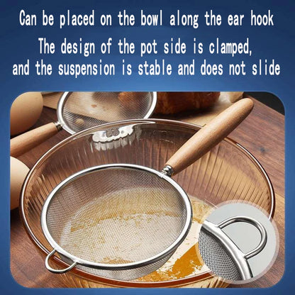 Crépines en acier inoxydable, cuillère, Mini filtre, presse-agrumes, filtre, passoire à mailles pour la cuisson et la friture, manche en bois