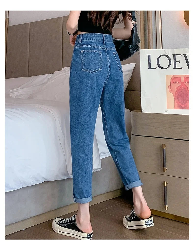 Jean amincissant taille haute pour femme, coupe ample et droite