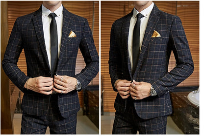 Men's Casual One-Button Plaid Two-Piece Set
