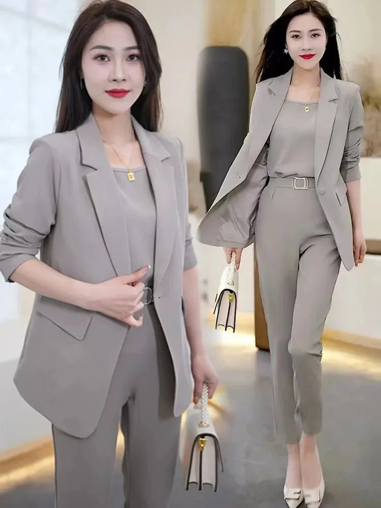 Women's Black Blazer and Wide Leg Pants Suit for Autumn Winter