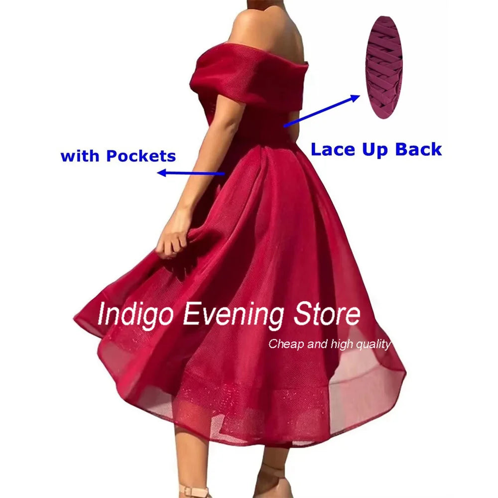 Indigo Off-Shoulder A-Line Evening Gown