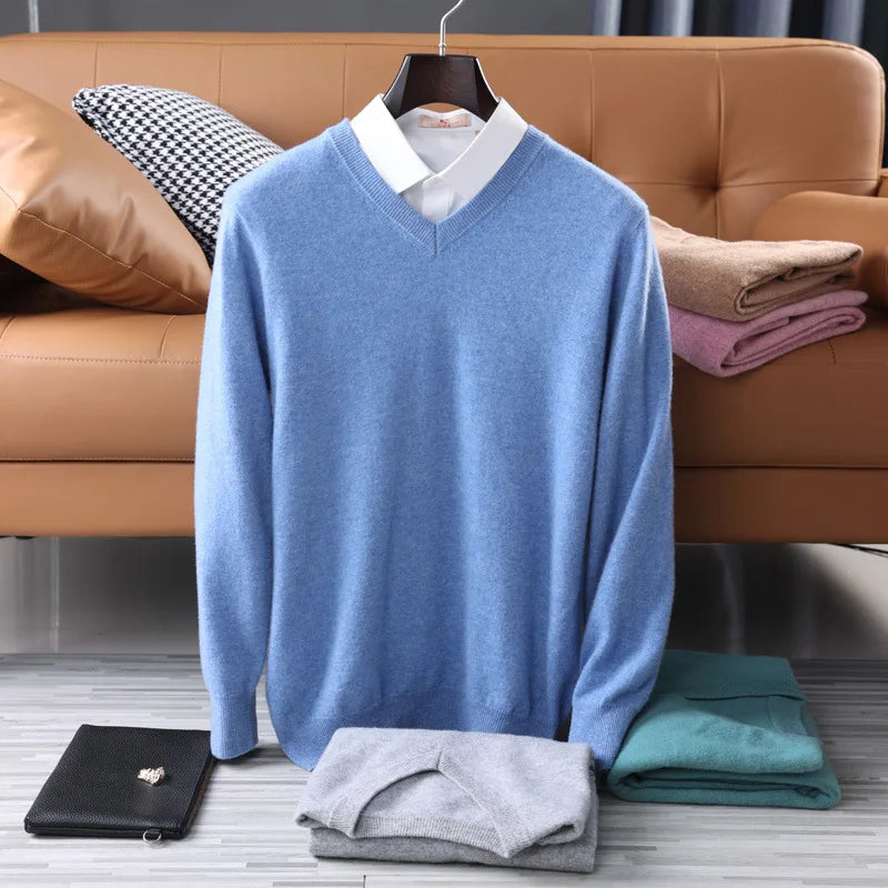 Men's Wool V-neck Cashmere Knit Pullover