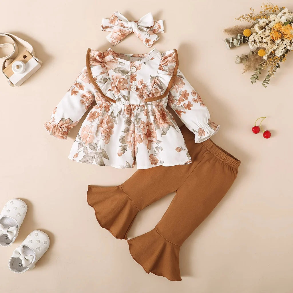 Hauts à manches longues pour bébés filles, hauts imprimés floraux et pantalons de couleur unie