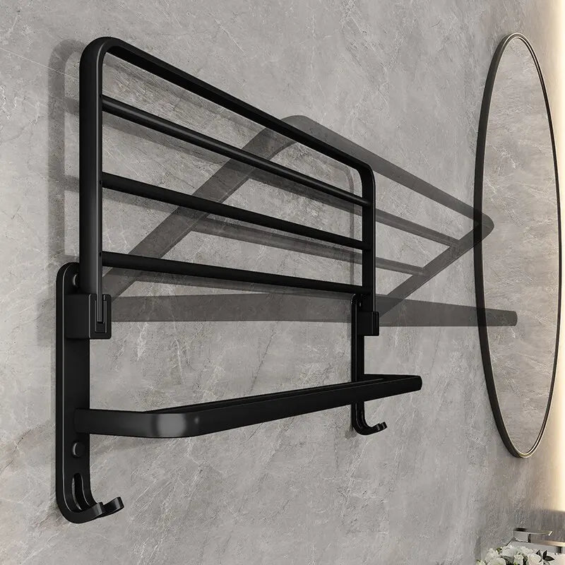 Matte Black 50CM Folding Towel Holder with Hook - Wall Mount