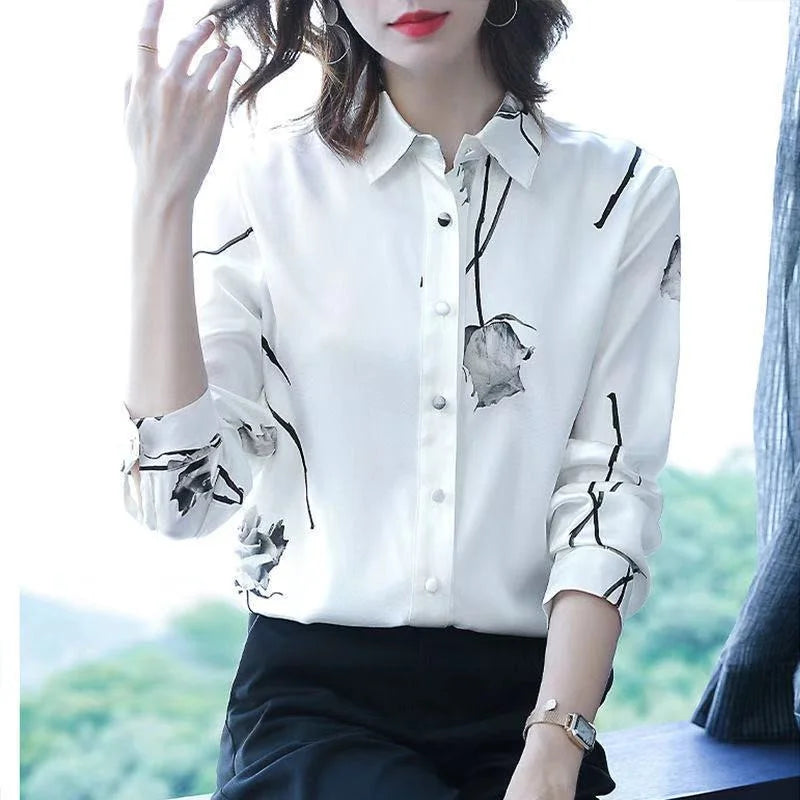 Women Long Sleeve Turn-down Collar Printed Blouse Tops