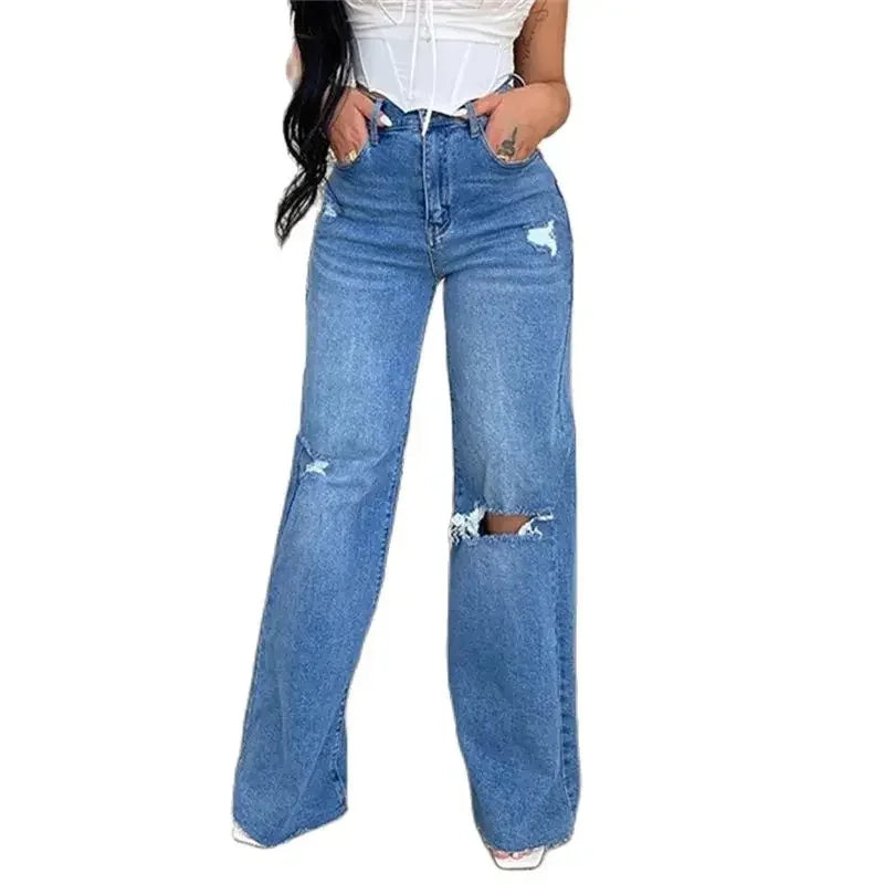 Comfortable High-Waist Knee-Broken Straight Jeans for Women