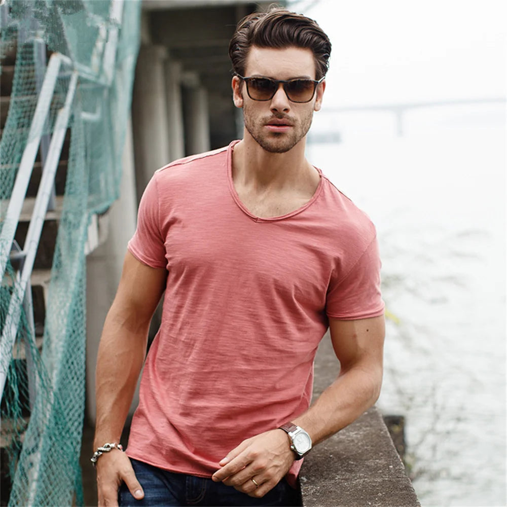 AIOPESON Men's V-Neck Slim Fit T-Shirts