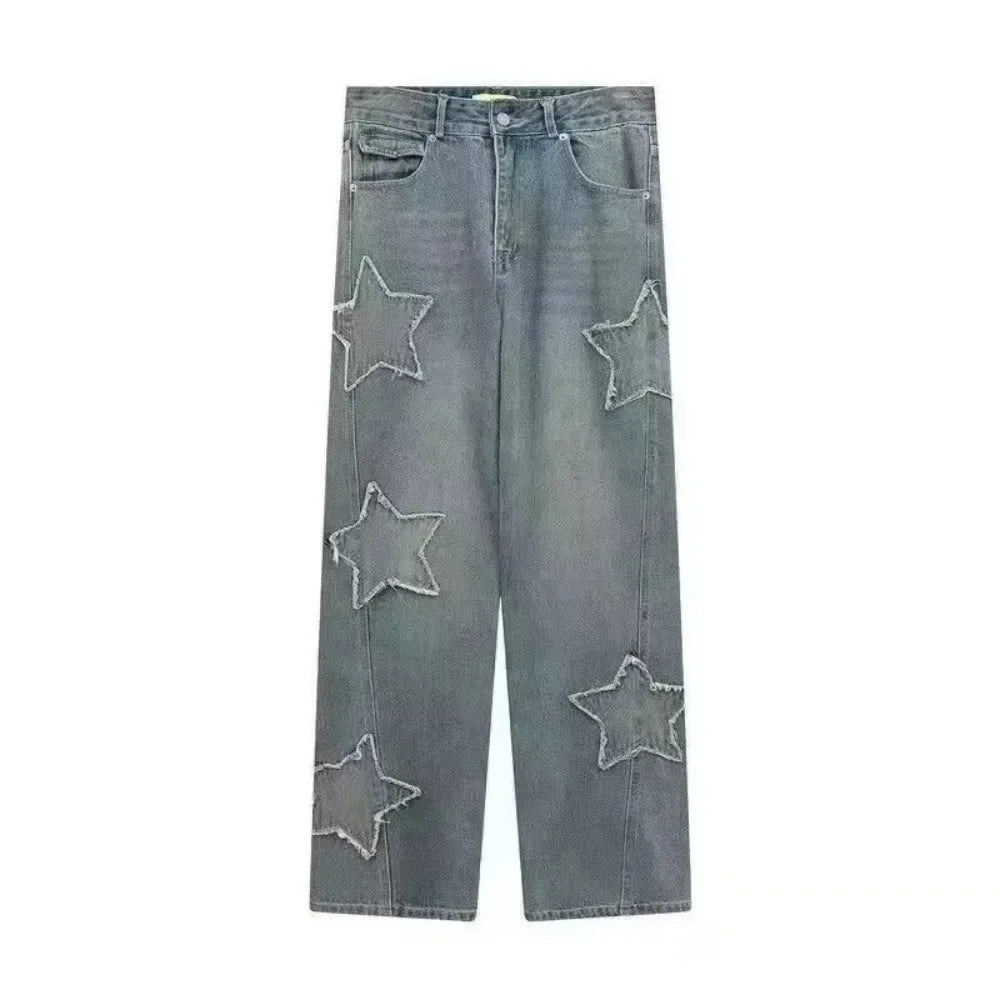 Retro Star Blue Wide-Leg Jeans for Women