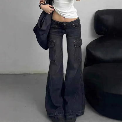 Schwarze Gothic Cargo Flare Jeans für Damen