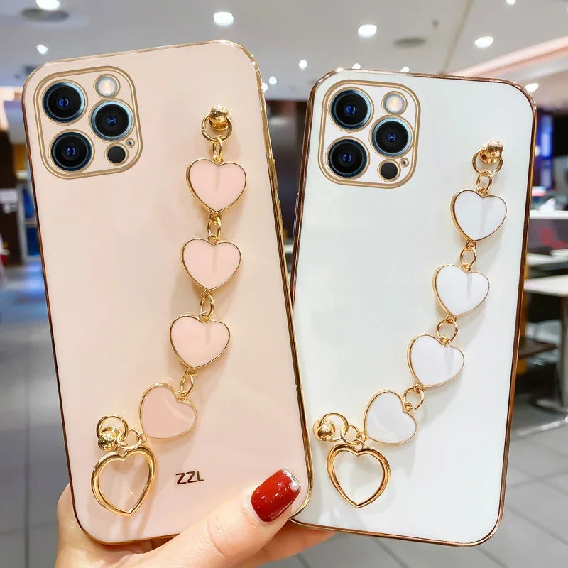 Fashion Plating Love Heart Bracelet Chain Case For iPhone 15