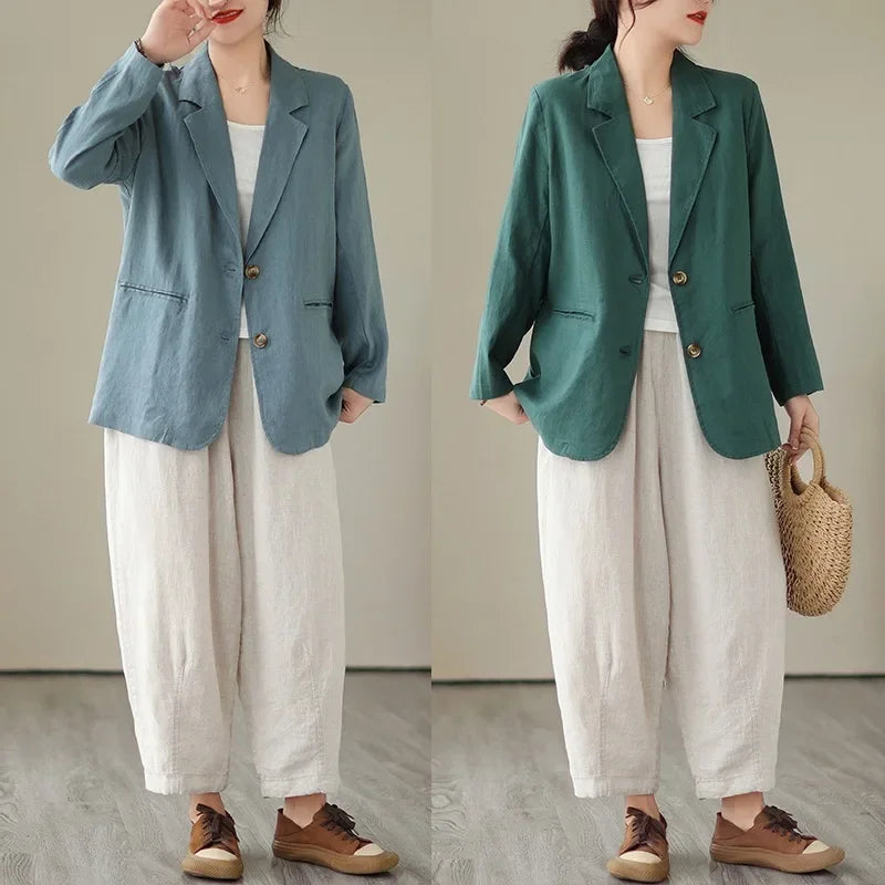 Blazer d'été à manches longues en coton et lin d'inspiration vintage avec col à revers