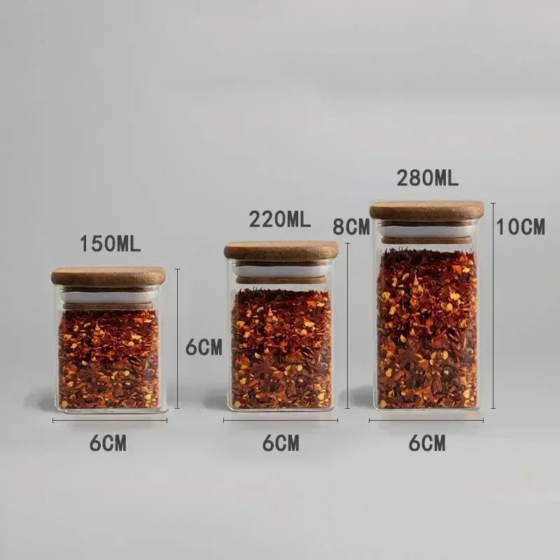 Acacia-Covered Square Glass Spice Jars