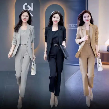 Women's Black Blazer and Wide Leg Pants Suit for Autumn Winter