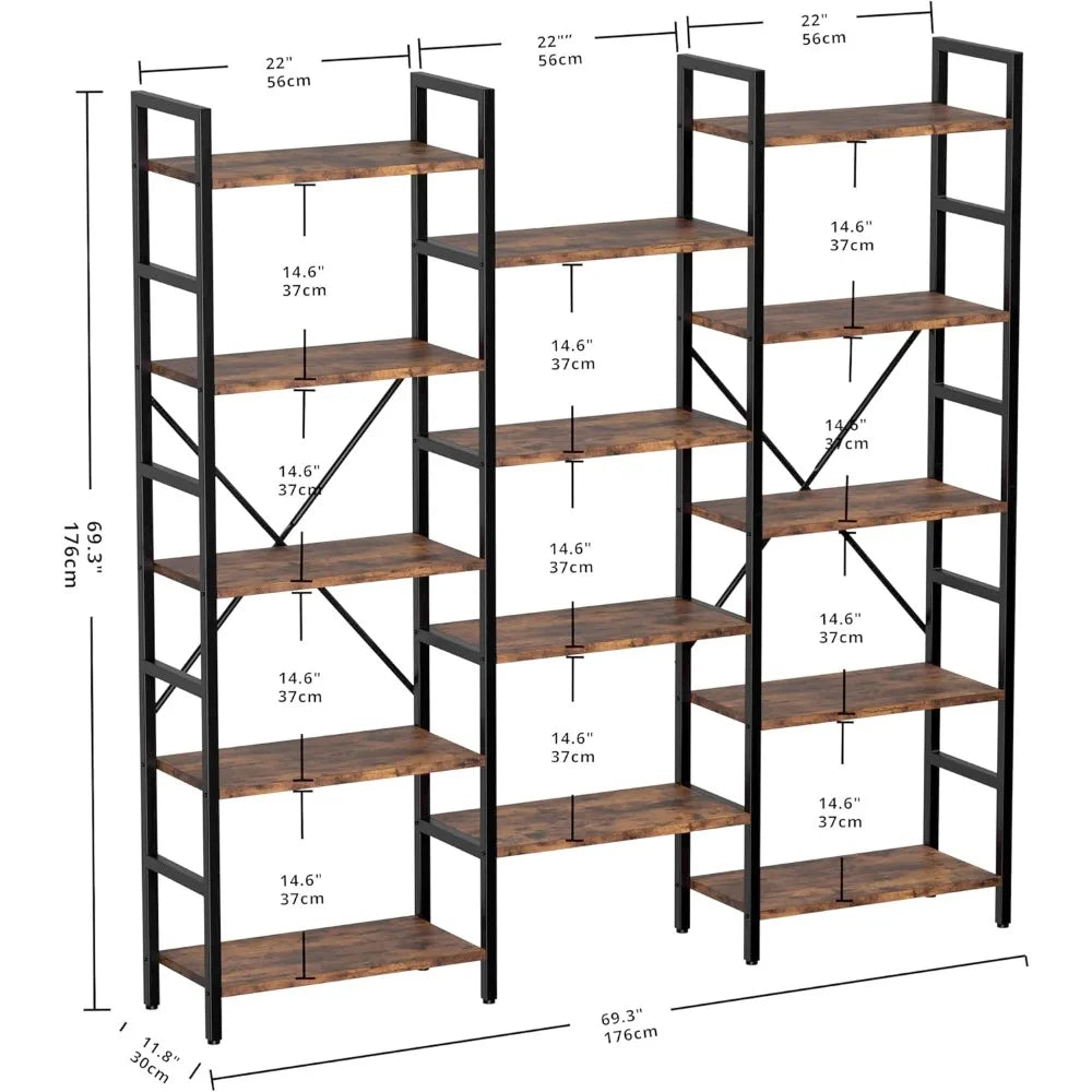 Triple Wide 5 Tiers Industrial Bookshelf - Open Display Metal Frame Shelves