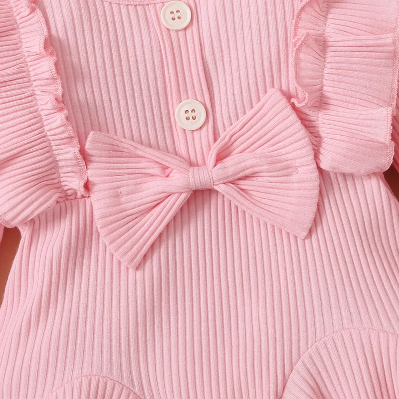 Girls Long Sleeve Cotton Ruffle Top & Bow Embellished Trousers