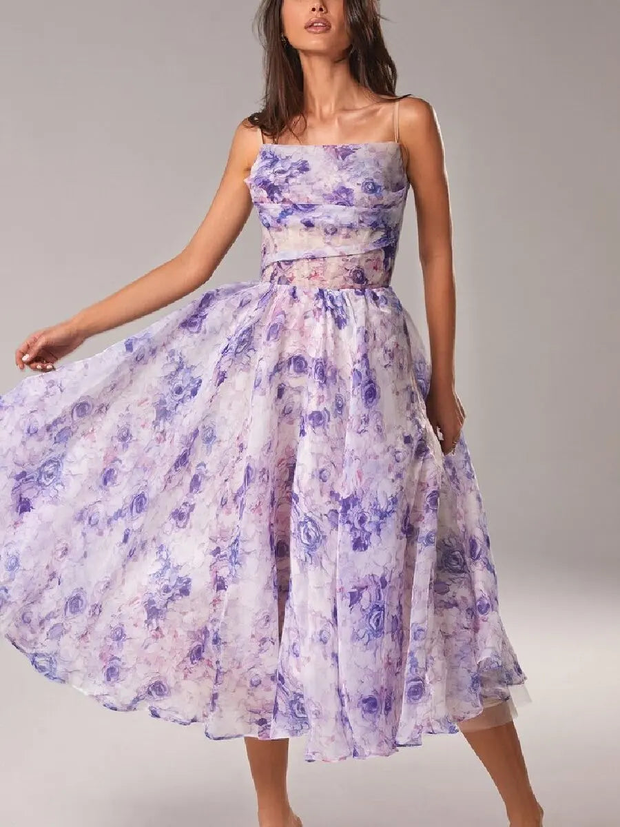 Elegant Floral Chiffon A-line Tea Dress