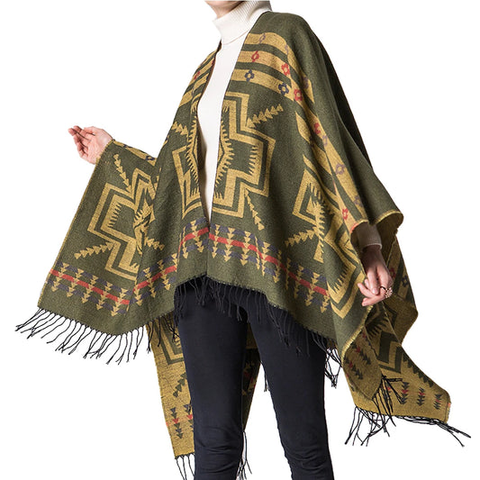 Cozy European American Cashmere Poncho with Ethnic Prints