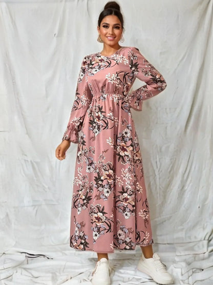 Women Maxi Dresses - Casual Full Sleeve Floral Printed O-neck Woman Bohe Beach Party Long Dress