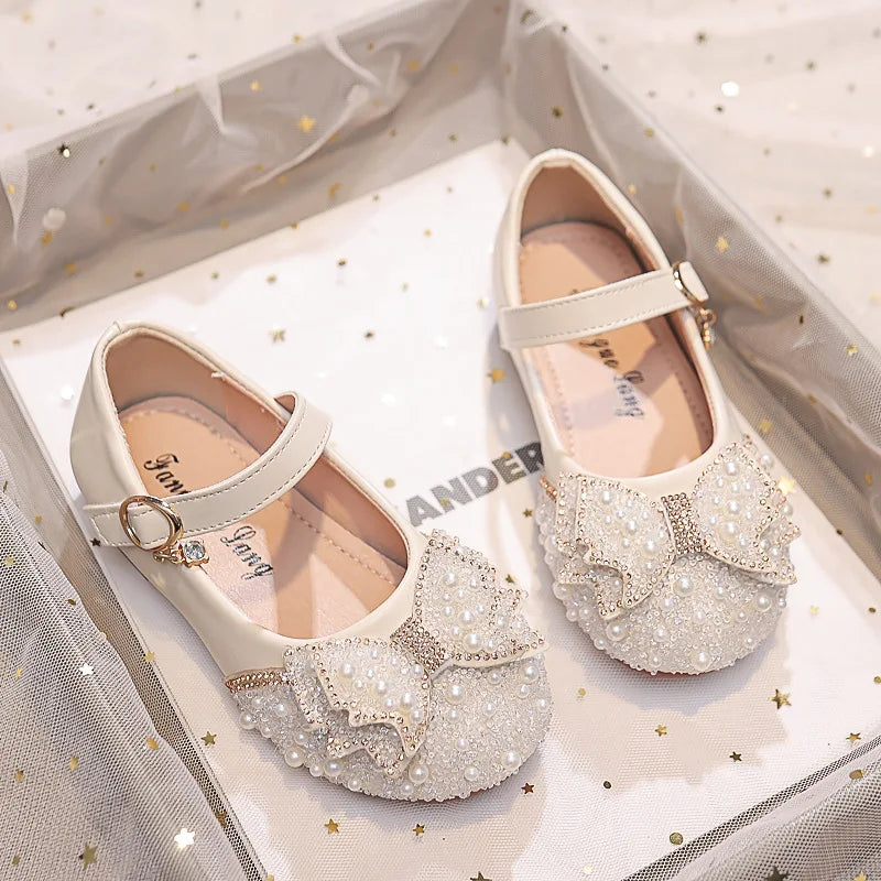 Chaussures de princesse à strass et nœud en perles pour petites filles