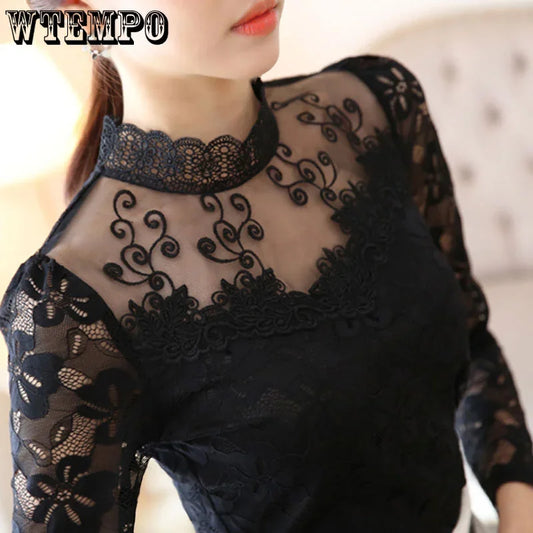 Lace Slim-Fit Turtleneck Knitted Top for Wome
