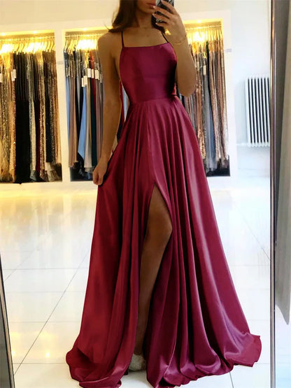 Robe de soirée longue en satin fendue et à lacets pour femme